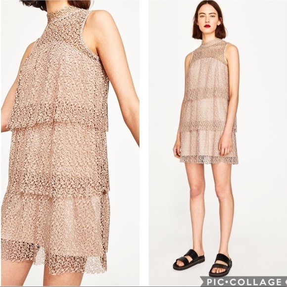 Zara Nude Blush Guipure Lace Tiered Mini Dress Size M - Picture 1 of 7
